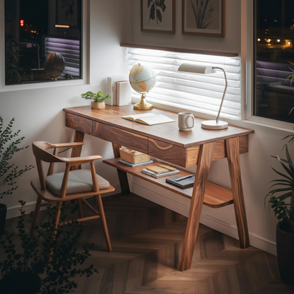 Mid Century Wooden Writing Desk With Drawers And Shelf For Home Office Lynnsnail