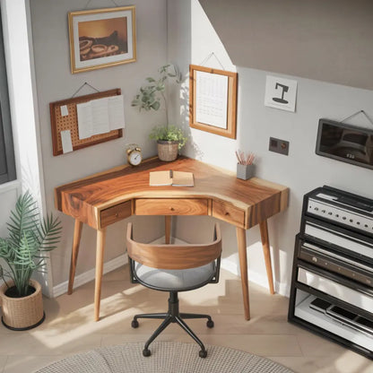 Mid Century Corner Wooden Desk With Drawer For Home Office Or Study Lynnsnail