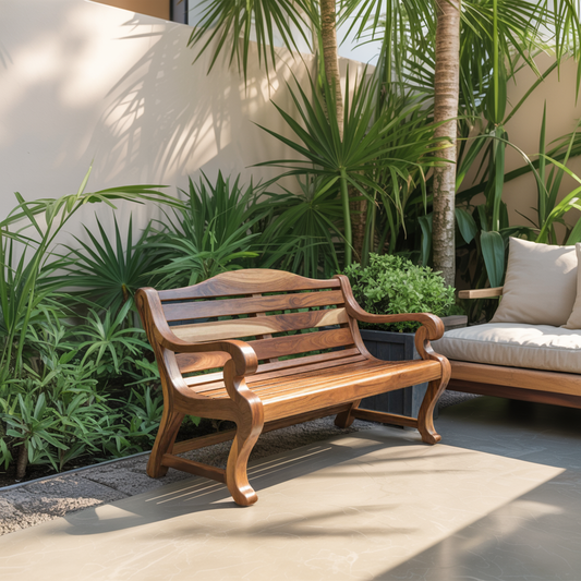 Classic Curved Wood Garden Bench With Sculpted Arms For Patio Or Entryway Lynnsnail