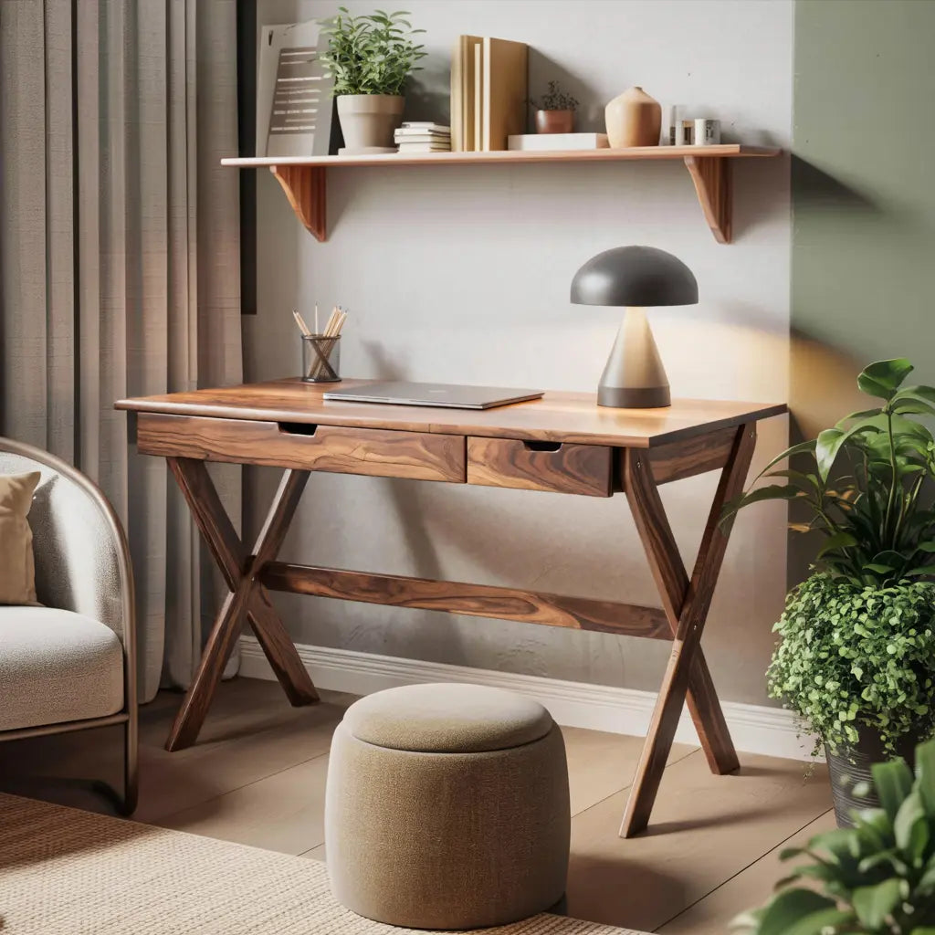 Scandinavian Wooden Desk with X Shaped Legs For Home Office Or Study Lynnsnail