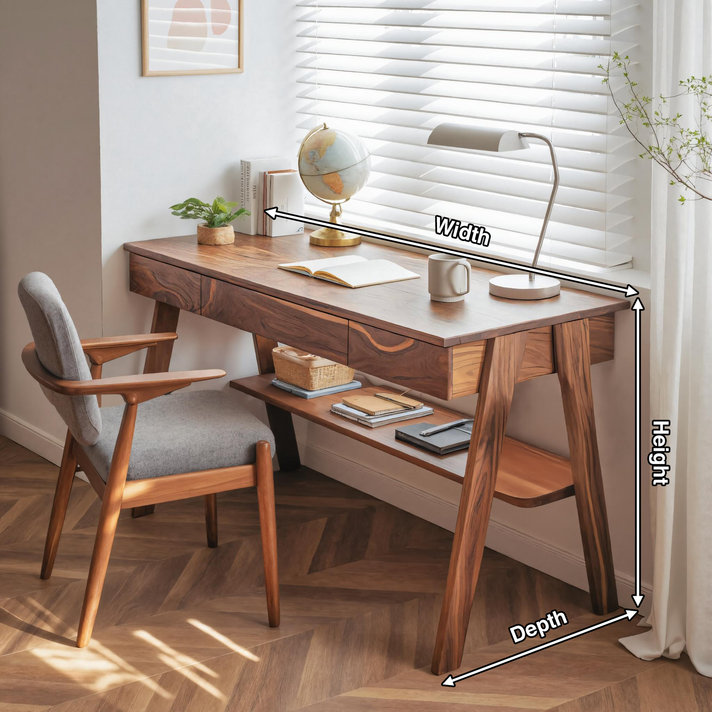 Mid Century Wooden Writing Desk With Drawers And Shelf For Home Office Lynnsnail
