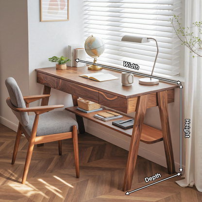Mid Century Wooden Writing Desk With Drawers And Shelf For Home Office Lynnsnail