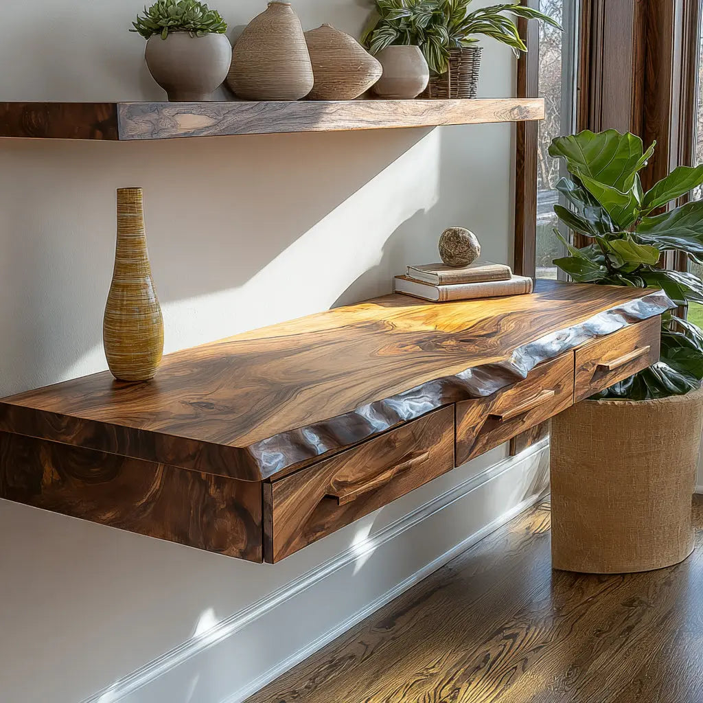 Solvaren Live Edge Solid Wood Floating Desk with Drawers Lynnsnail
