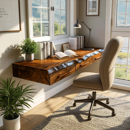 Solvaren Live Edge Solid Wood Floating Desk with Drawers Lynnsnail