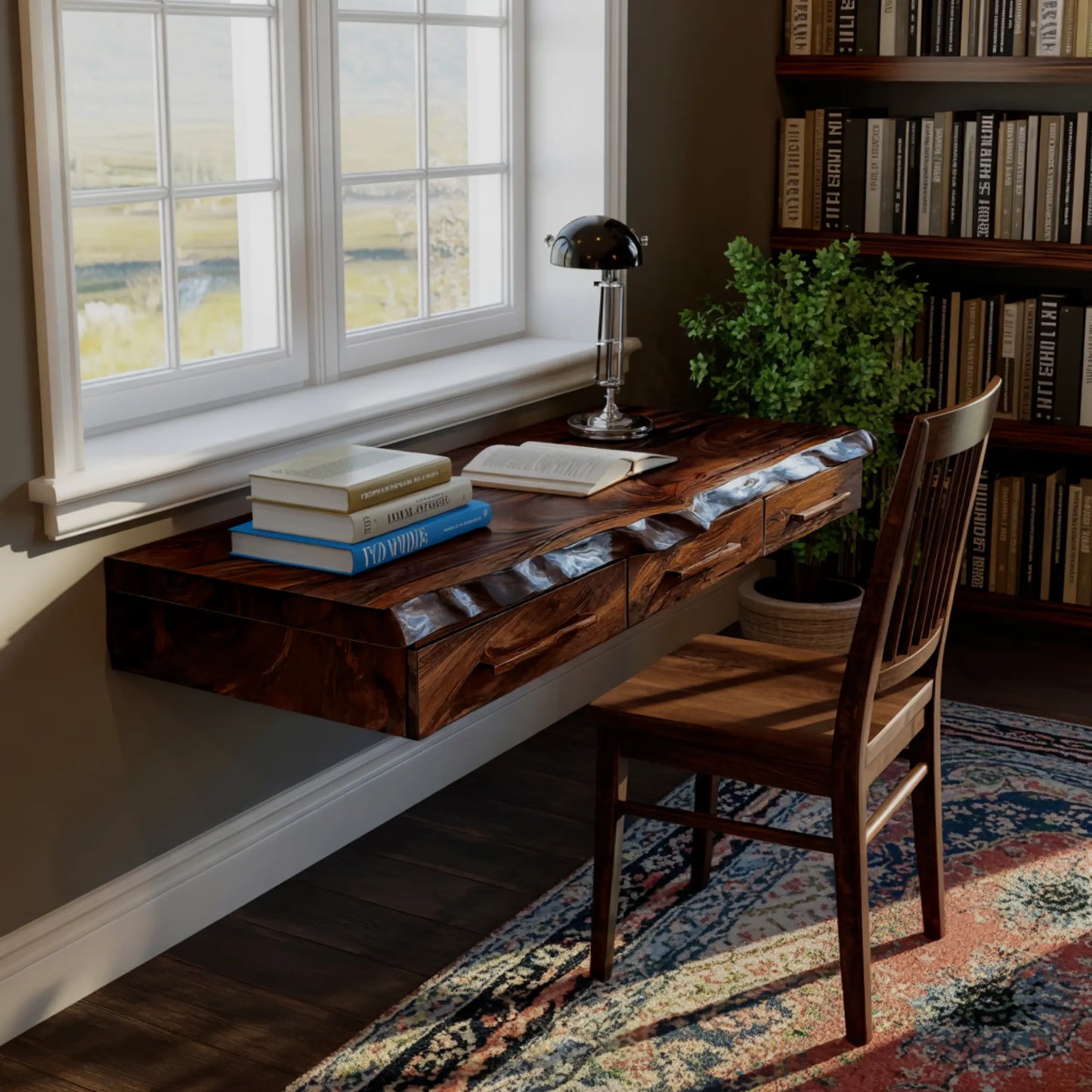 Solvaren Live Edge Solid Wood Floating Desk with Drawers Lynnsnail