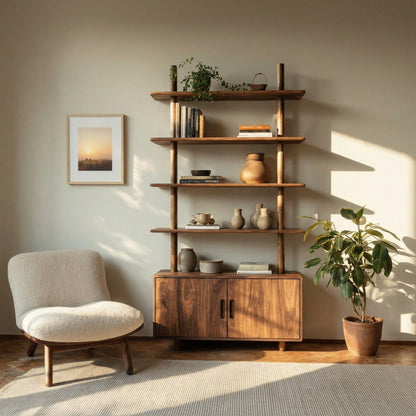 Mid Century Wooden Bookcase With Closed Storage For Living Lynnsnail