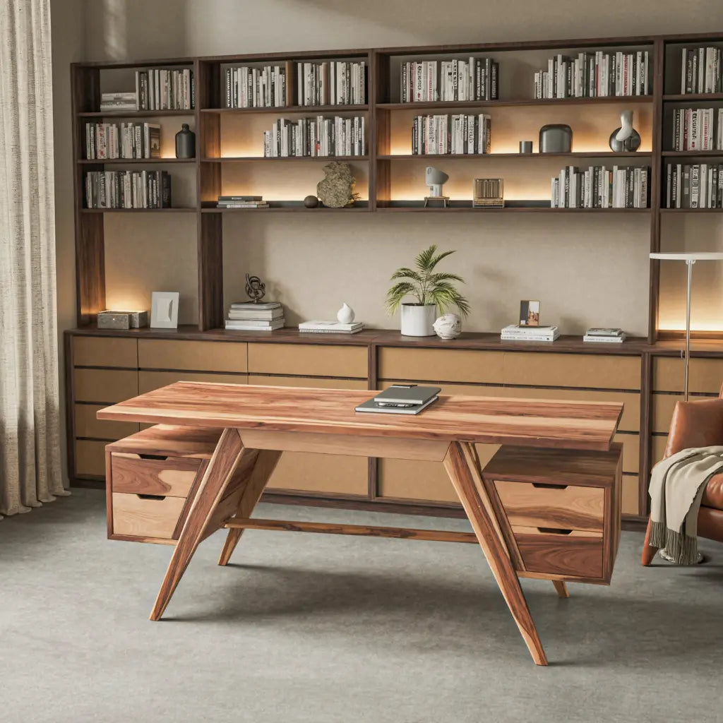Modern Executive Wooden Desk With Angled Legs And Drawers For Home Office Lynnsnail