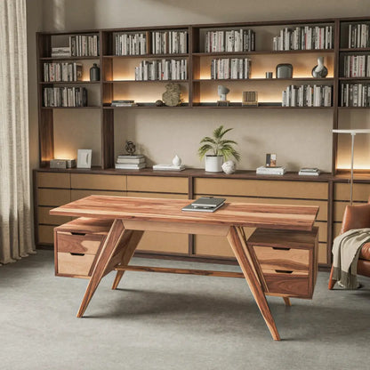 Modern Executive Wooden Desk With Angled Legs And Drawers For Home Office Lynnsnail