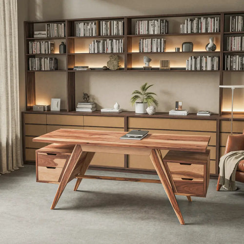 Modern Executive Wooden Desk With Angled Legs And Drawers For Home Office Lynnsnail