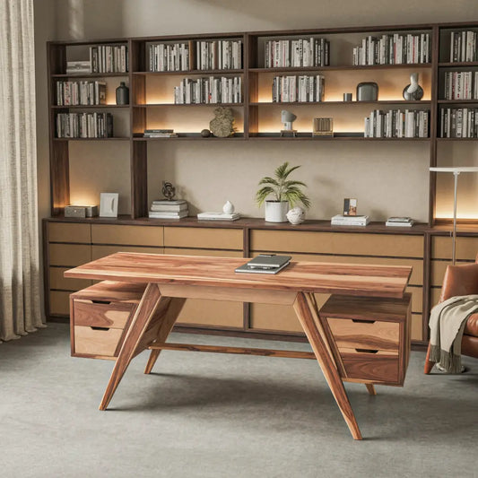Modern Executive Wooden Desk With Angled Legs And Drawers For Home Office Lynnsnail