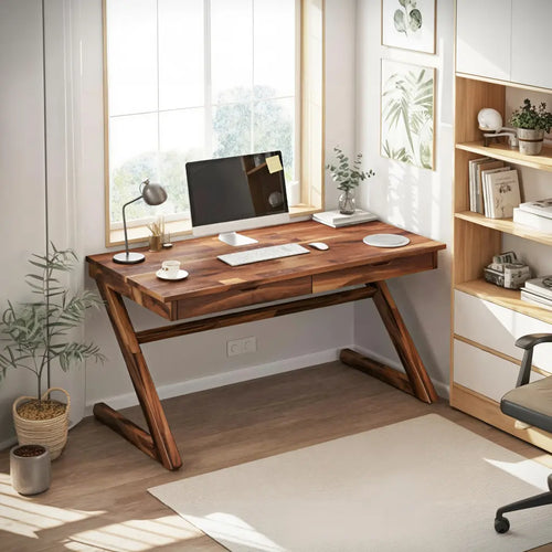 Modern Z Leg Wooden Writing Desk With Drawers For Home Office Or Studio Lynnsnail