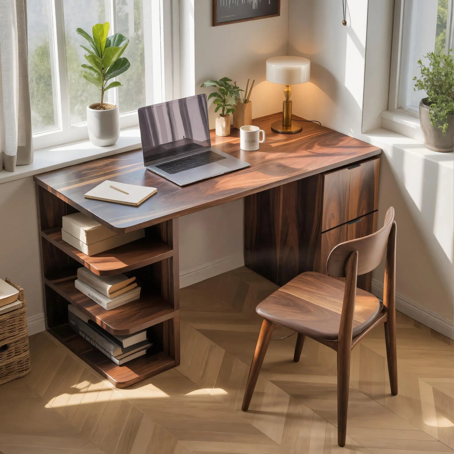 Contemporary Wooden Desk With Shelves And Drawers For Home Office Lynnsnail