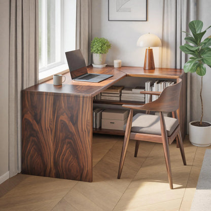 Modern L Shaped Wooden Desk With Bookshelf For Home Office Or Study Lynnsnail