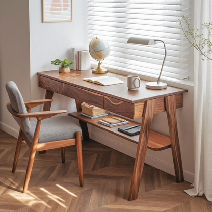 Mid Century Wooden Writing Desk With Drawers And Shelf For Home Office Lynnsnail