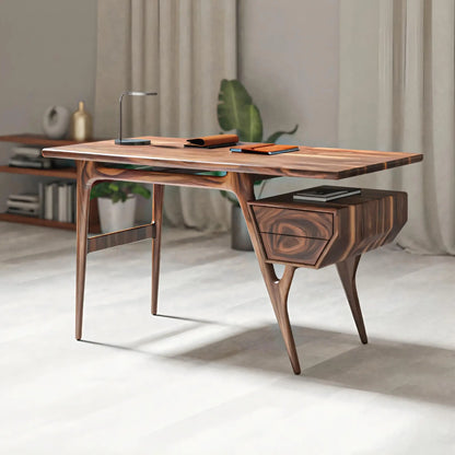 Mid Century Modern Wooden Writing Desk With Floating Drawer For Studio Lynnsnail