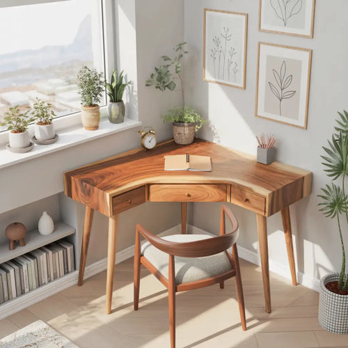 Mid Century Corner Wooden Desk With Drawer For Home Office Or Study Lynnsnail