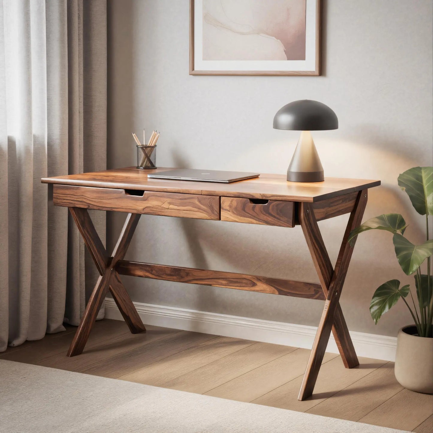 Scandinavian Wooden Desk with X Shaped Legs For Home Office Or Study Lynnsnail