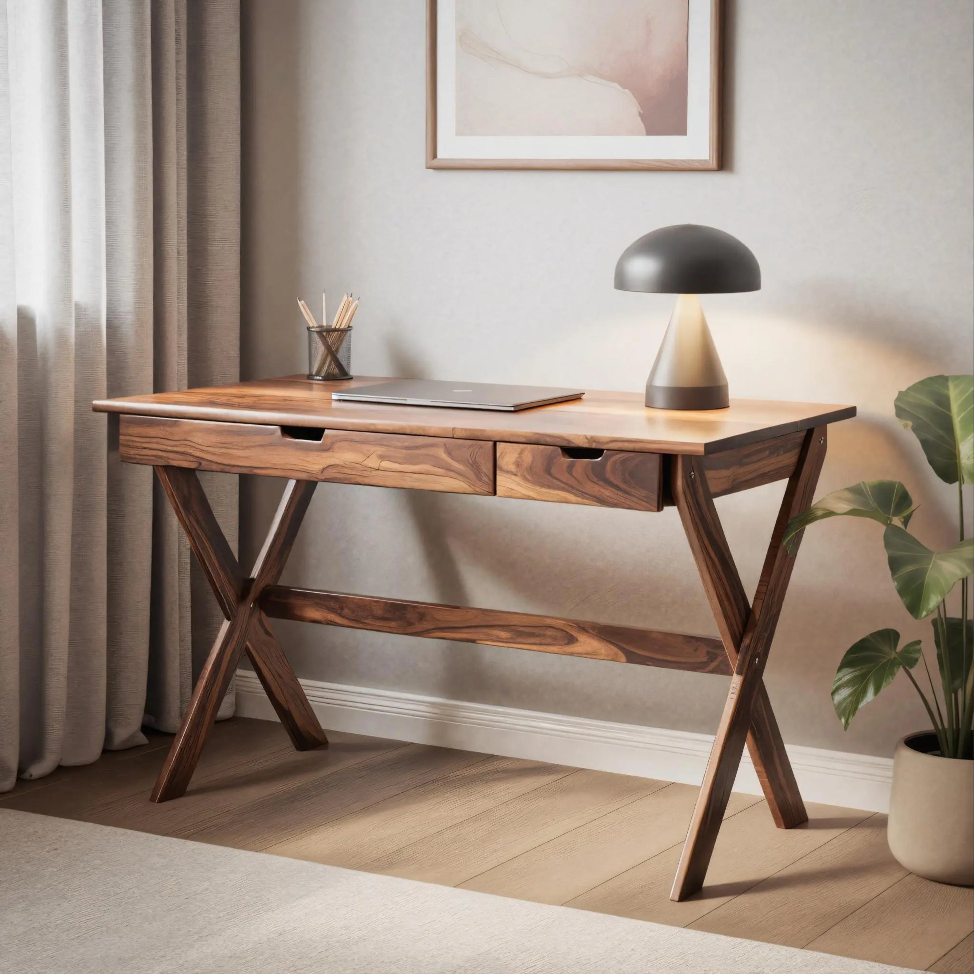 Scandinavian Wooden Desk with X Shaped Legs For Home Office Or Study Lynnsnail