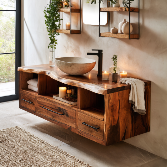 Vareon Live Edge Solid Wood Floating Bathroom Vanity with Drawers
