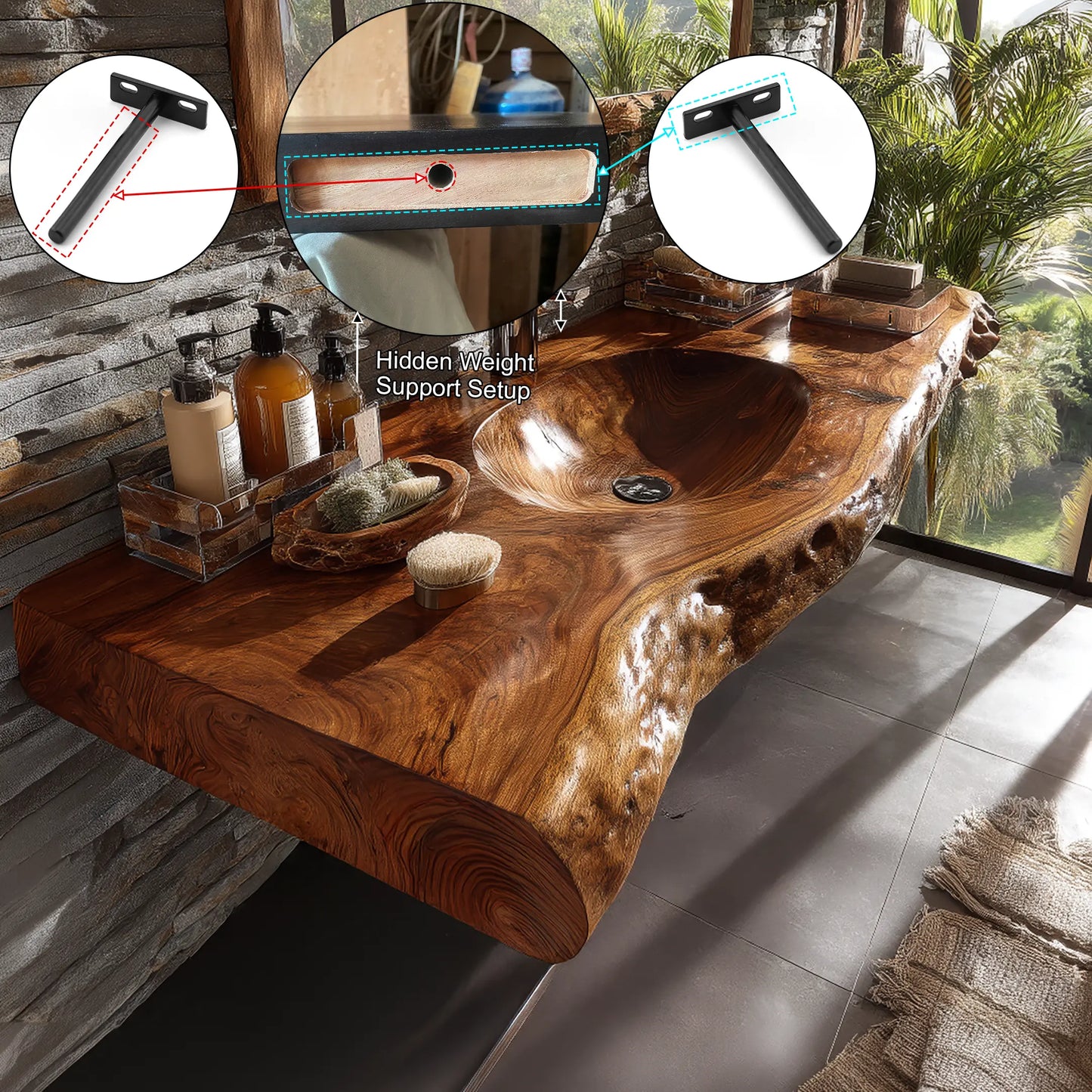 Velmoris Live Edge Solid Wood Floating Bathroom Vanity with Integrated Sink SPA200003 Lynnsnail