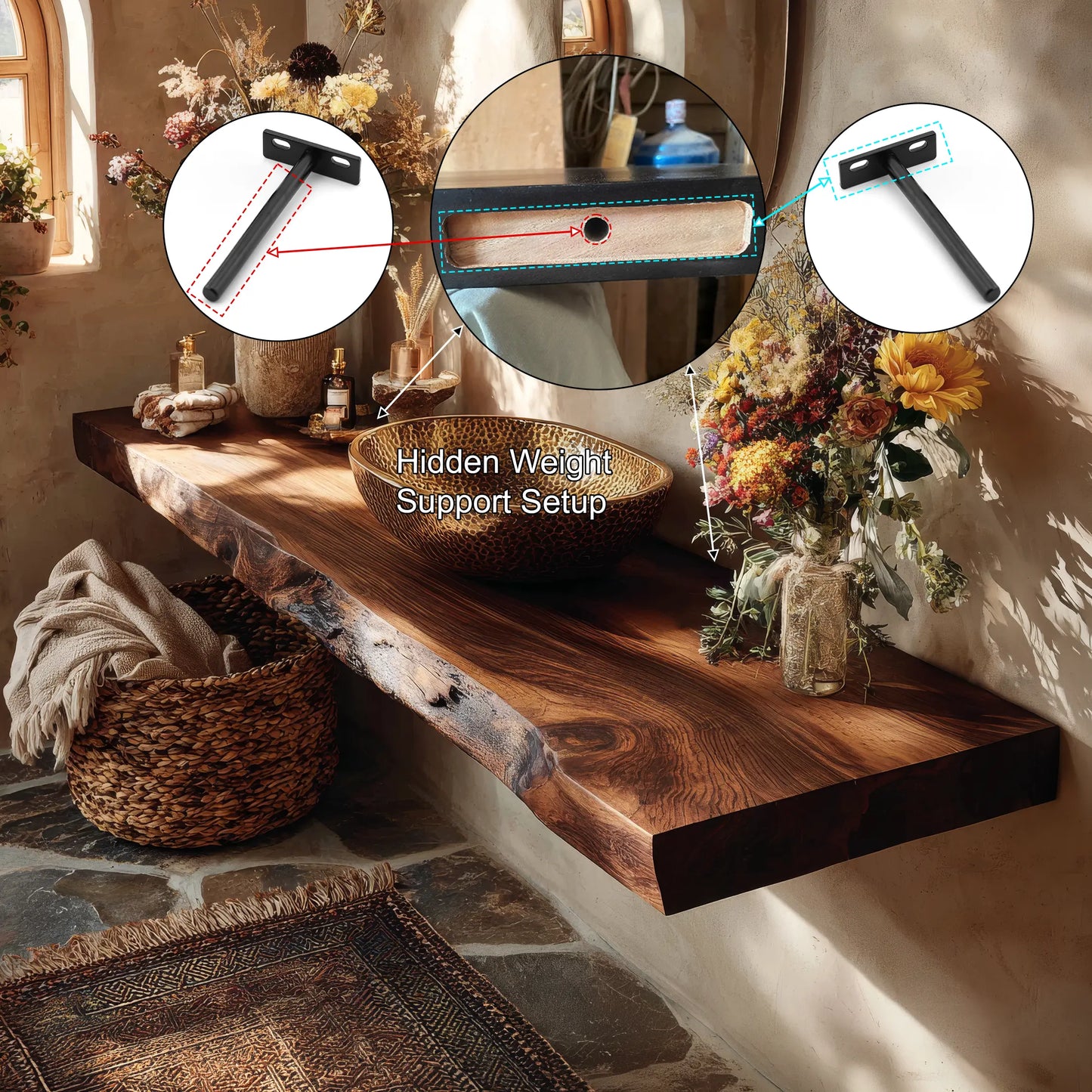 Zavaro Handcrafted Live Edge Solid Wood Floating Bathroom Vanity SPA245625 Lynnsnail