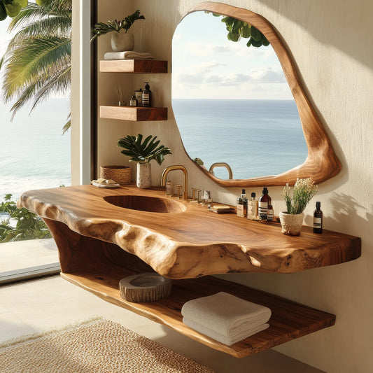 Zerune Live Edge Solid Wood Floating Bathroom Vanity with Integrated Sink and Open Storage Lynnsnail