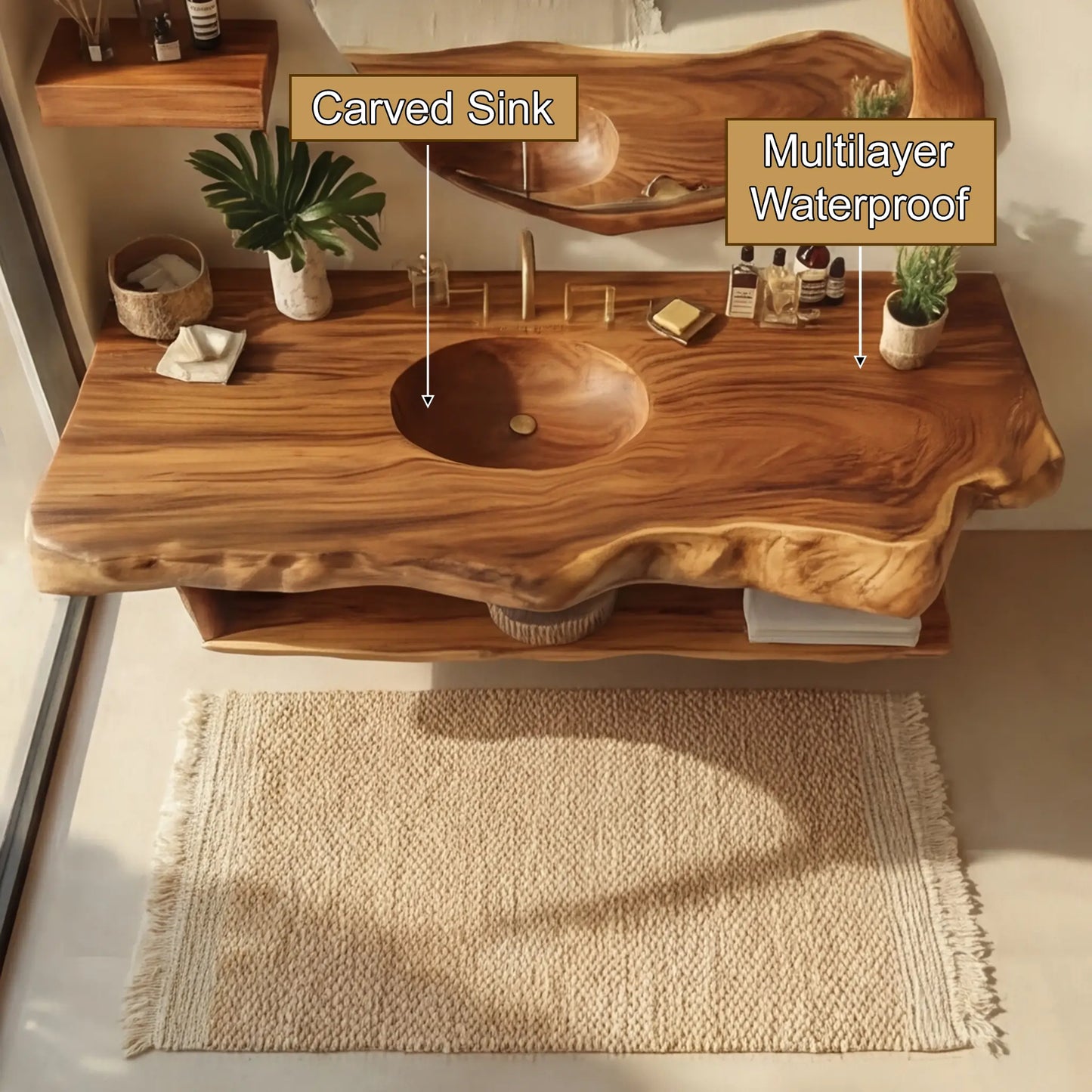 Zerune Live Edge Solid Wood Floating Bathroom Vanity with Integrated Sink and Open Storage Lynnsnail