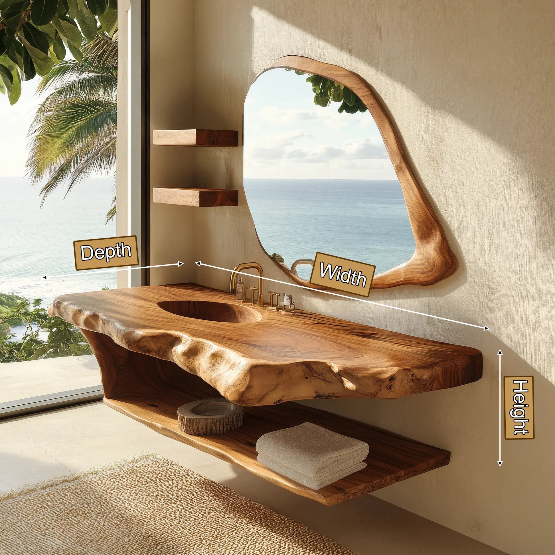 Zerune Live Edge Solid Wood Floating Bathroom Vanity with Integrated Sink and Open Storage Lynnsnail