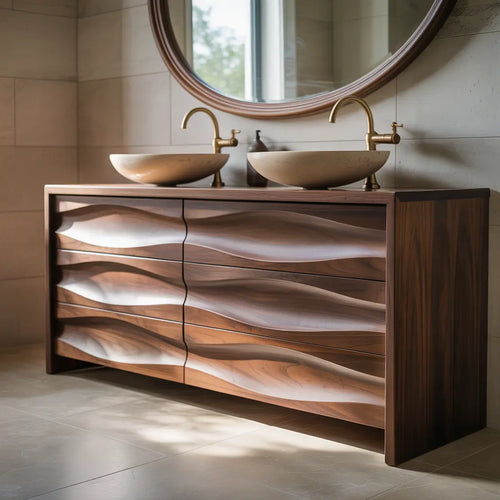 Handcrafted Solid Walnut Bathroom Vanity – Sculptural Wave Front Double Sink Cabinet with Brass Fixtures Lynnsnail