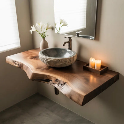 Sapwood Live Edge Vanity Shelf | Two-Tone Solid Wood Floating Bathroom Lynnsnail