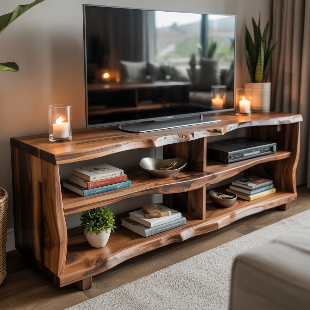 Rustic Live Edge Solid Wood TV Stand – Handcrafted Organic Media Console with 4 Open Shelves for Modern Living Spaces Lynnsnail