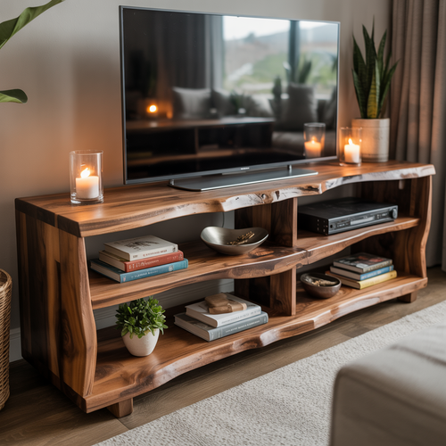 Rustic Live Edge Solid Wood TV Stand – Handcrafted Organic Media Console with 4 Open Shelves for Modern Living Spaces Lynnsnail