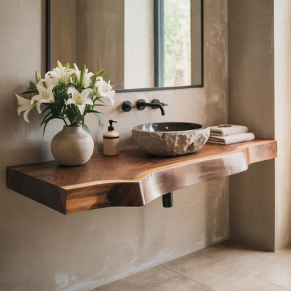 Live Edge Bathroom Vanity Shelf | Solid Wood Floating Sink Counter Lynnsnail
