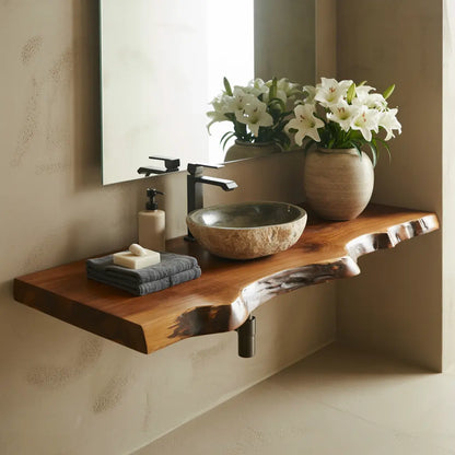 Live Edge Floating Vanity Shelf | Solid Wood Wall-Mounted Bathroom Counter Lynnsnail