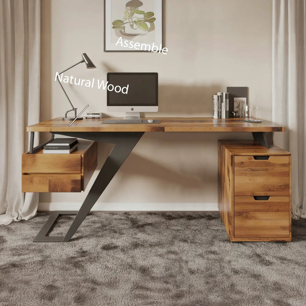 Modern Desk With Z Frame And Drawers For Home Office Lynnsnail