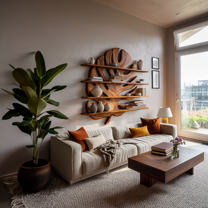 Modern Wooden Tropical Monstera Leaf Floating Bookshelf For Office Lynnsnail