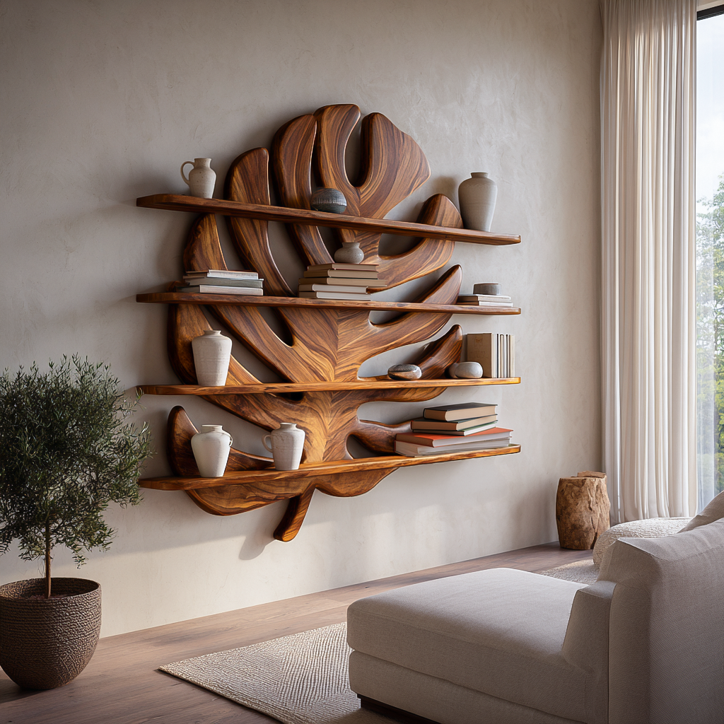 Modern Wooden Tropical Monstera Leaf Floating Bookshelf For Office Lynnsnail