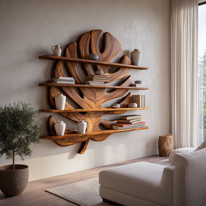 Modern Wooden Tropical Monstera Leaf Floating Bookshelf For Office Lynnsnail