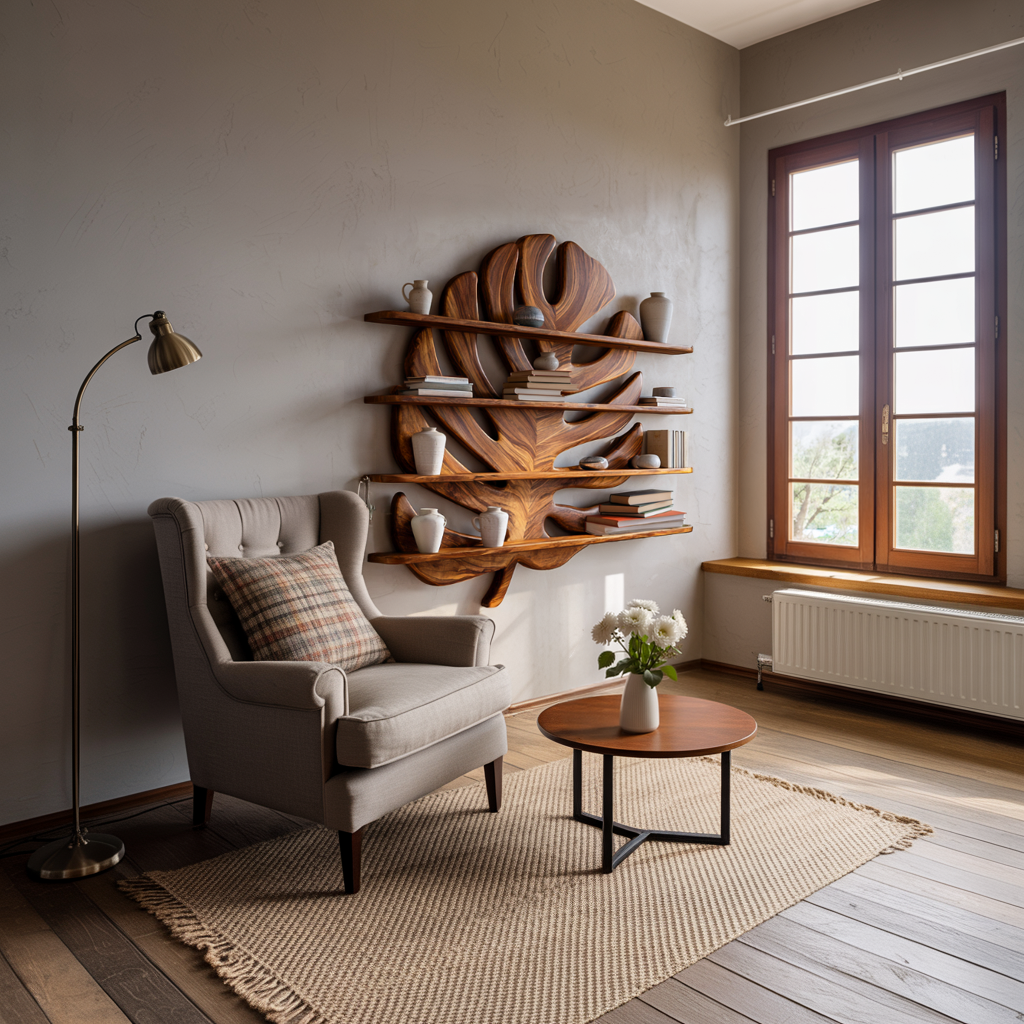 Modern Wooden Tropical Monstera Leaf Floating Bookshelf For Office Lynnsnail
