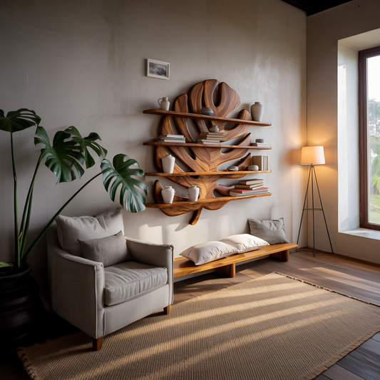 Modern Wooden Tropical Monstera Leaf Floating Bookshelf For Office Lynnsnail