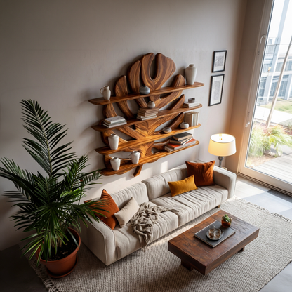 Modern Wooden Tropical Monstera Leaf Floating Bookshelf For Office Lynnsnail