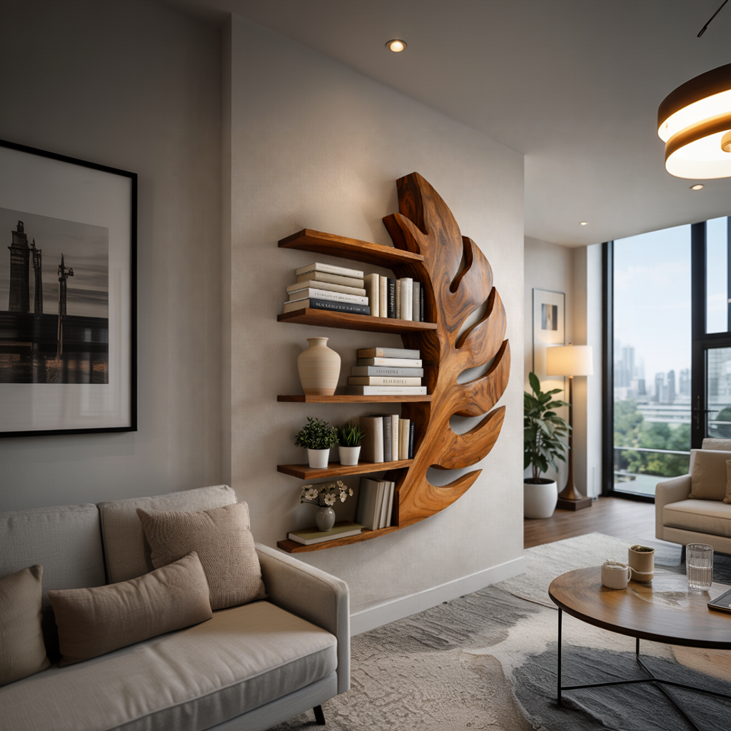 Contemporary Wooden Leaf Shape Floating Bookshelf For Home Decor Lynnsnail