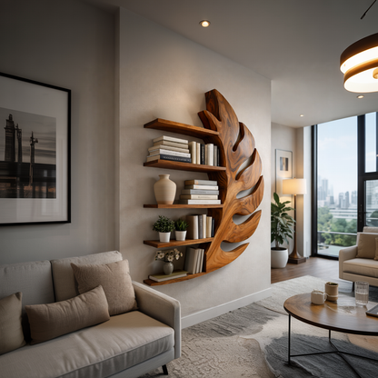 Contemporary Wooden Leaf Shape Floating Bookshelf For Home Decor Lynnsnail