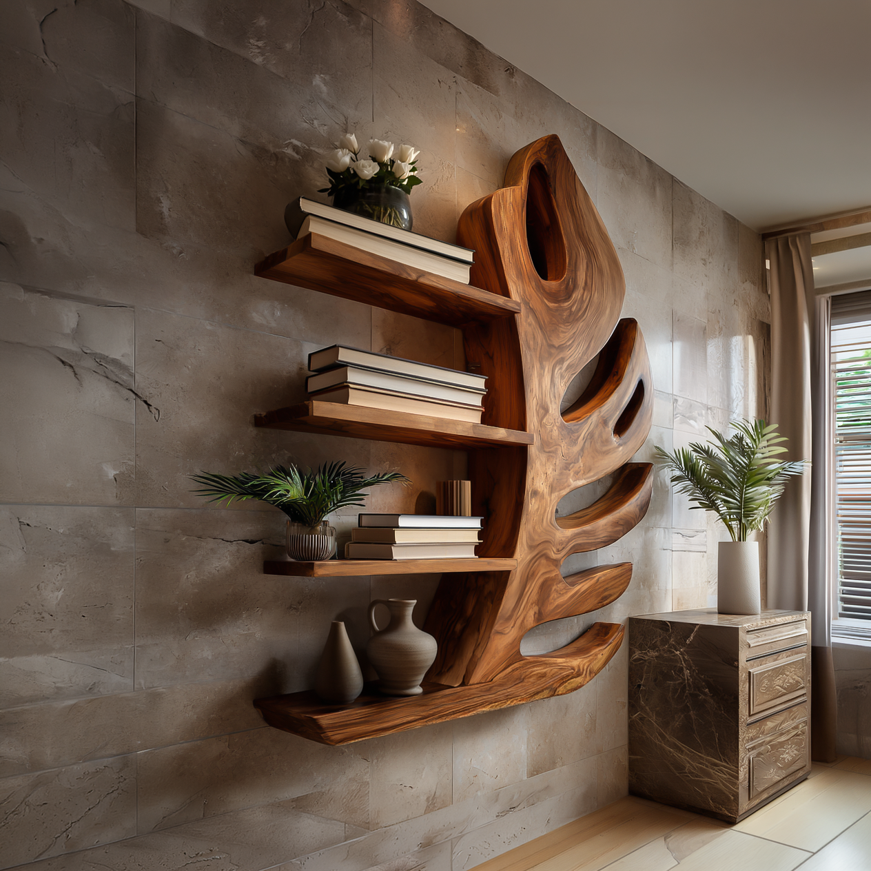 Organic Wooden Botanical Leaf Floating Bookshelf For Living Furniture Lynnsnail