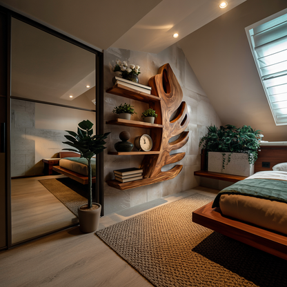 Organic Wooden Botanical Leaf Floating Bookshelf For Living Furniture Lynnsnail