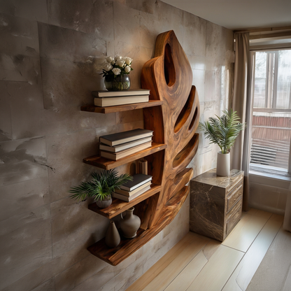 Organic Wooden Botanical Leaf Floating Bookshelf For Living Furniture Lynnsnail