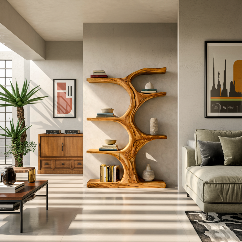 Organic Wooden Bookshelf With Branch Form For Living Room Lynnsnail
