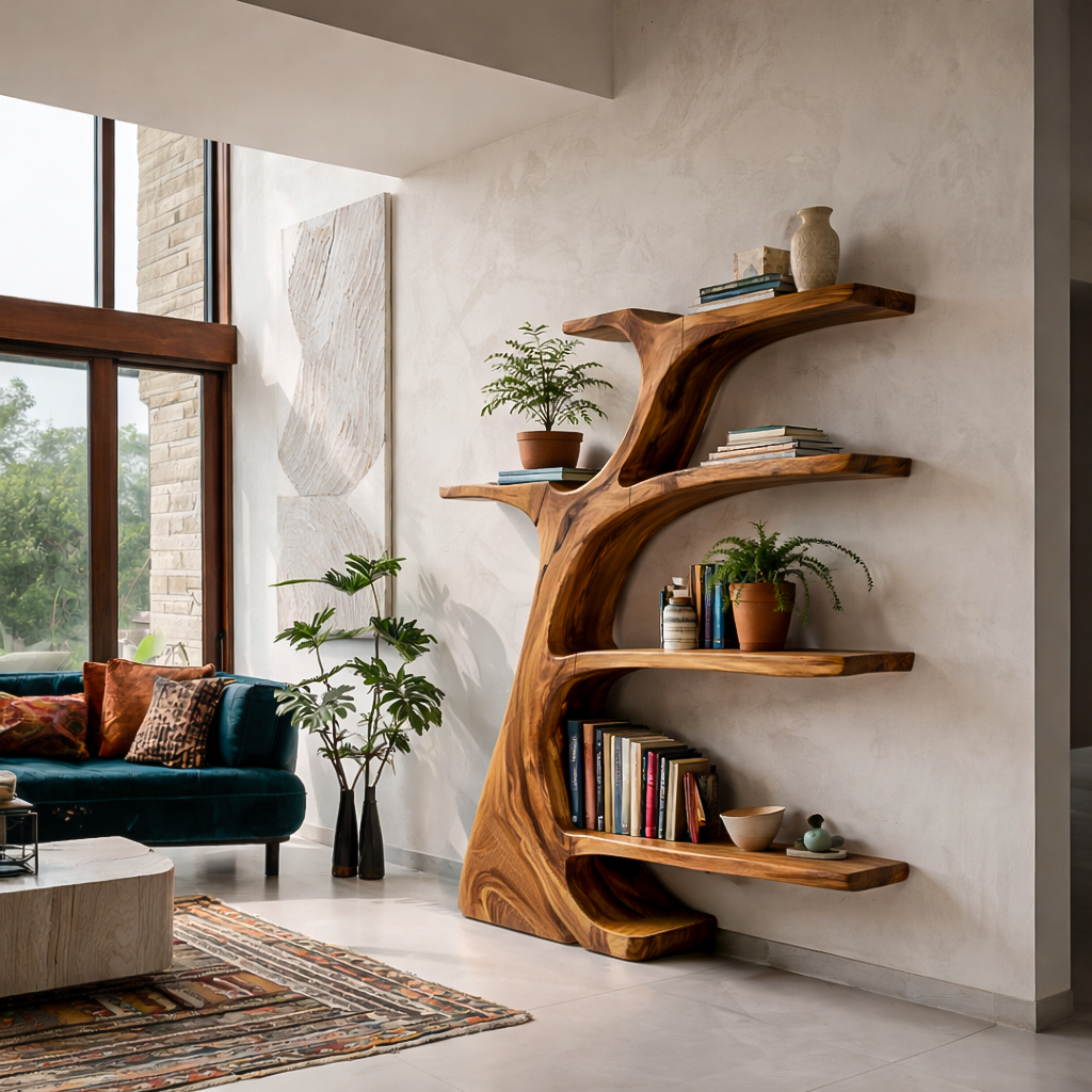 Rustic Wooden Curved Bookshelf Tree Design For Living Room Lynnsnail