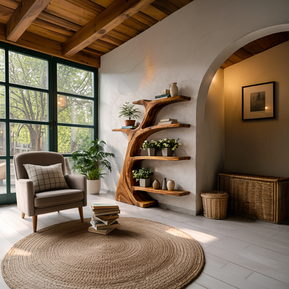 Rustic Wooden Curved Bookshelf Tree Design For Living Room Lynnsnail