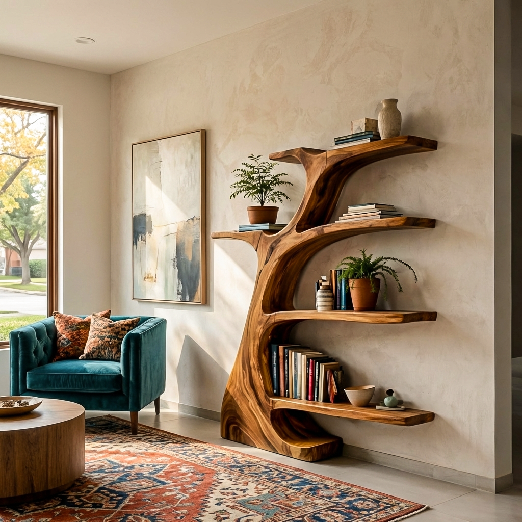 Rustic Wooden Curved Bookshelf Tree Design For Living Room Lynnsnail